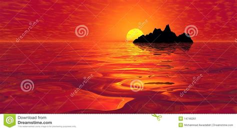 Red Ocean Sunset Over Island Stock Illustration