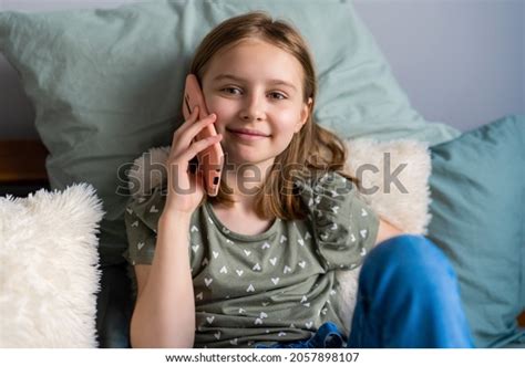 Pretty Preteen Girl Sitting Bed Talking Stock Photo 2057898107