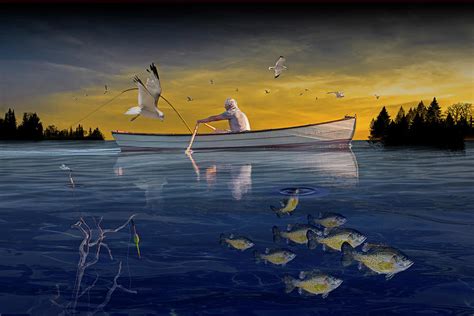 Fisherman Trolling In A Row Boat With Flying Gulls And School O