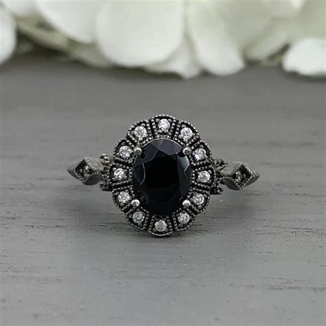 Sterling silver engagement rings : Black Rhodium Oval Natural Onyx Sterling Silver Art Deco ...