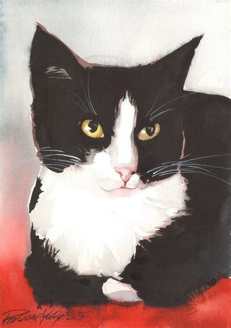Watercolor Cat Kitten Drawing Tuxedo Cat Art
