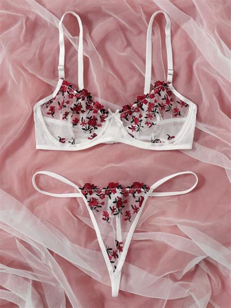 Floral Embroidered Mesh Underwire Lingerie Set Shein Usa