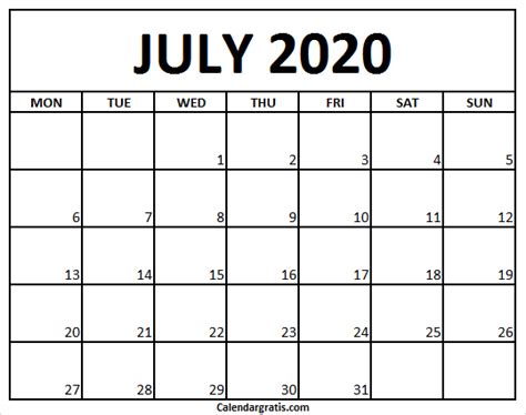 Month Of July Calendar 2020 Template 2020 Calendar Template July