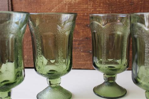 70s Mod Vintage Fostoria Woodland Green Footed Tumblers Chunky Glass Drinking Glasses