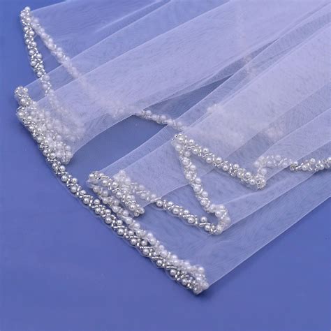 Beaded Bridal Veil Pearls Trim Veil Elegant Fingertip Veil Crystal
