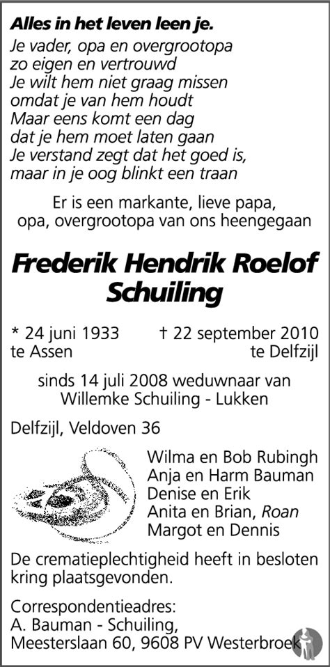 Frederik Hendrik Roelof Schuiling Overlijdensbericht En