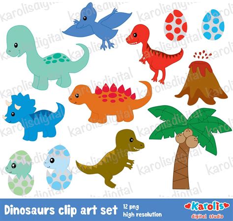 Cute Dinosaurs In Different Colors Digital Clip Art Set