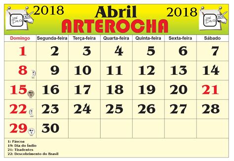 Arterocha CalendÁrio Mes De Abril 2018