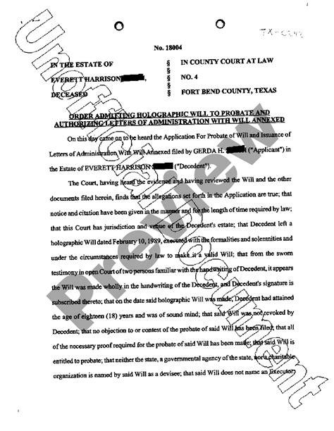 Texas Order Admitting Holographic Will To Probate And Authorizing