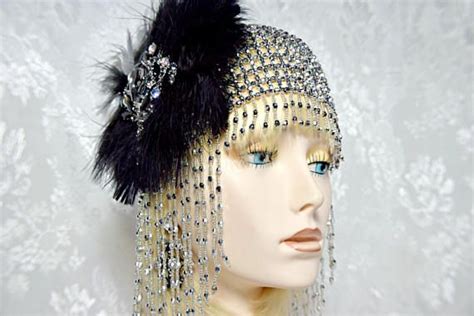 Gatsby Headpiece Flapper Headpiece 1920s Roaring 20s Silver Beaded Cap Black Feather