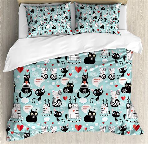 Cat Lover Duvet Cover Set Black And White Cats In Love Meow Print Among