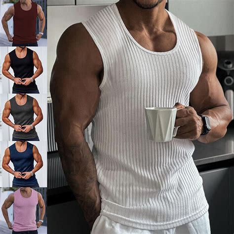 Men Sleeveless Ribbed Solid Vest Tops Sport Bodybuilding Muscle Gym