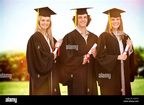 Composite Image Of Three Smiling Students In Graduate Robe Holding A