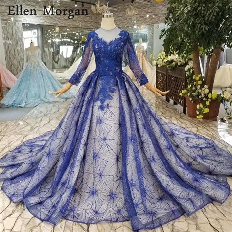 Royal Blue Long Sleeves Ball Gowns Wedding Dresses Boat Neck Lace