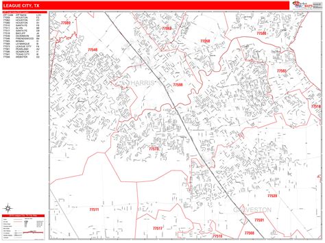 League City Texas Zip Code Wall Map Red Line Style By Marketmaps