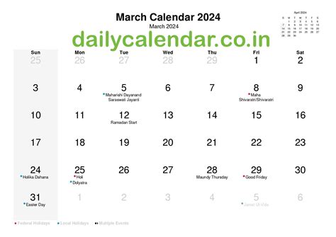March 2024 Holidays Calendar Bamby Carline