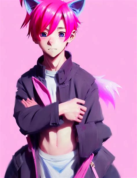 Portrait Of A Cute Anime Boy With Pink Hair And Pink Stable Diffusion