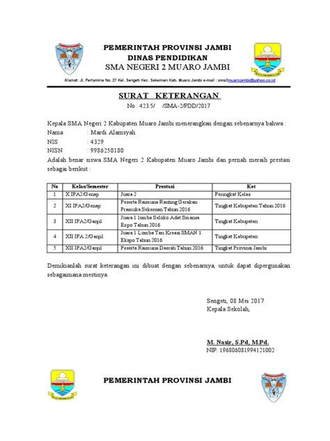 Surat Keterangan Prestasi Siswa Form Pdf