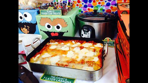 You also can choose countless matching ideas below!. Sesame Street First 1st birthday party theme food count's seven layer lasagna Slimey's trash ...