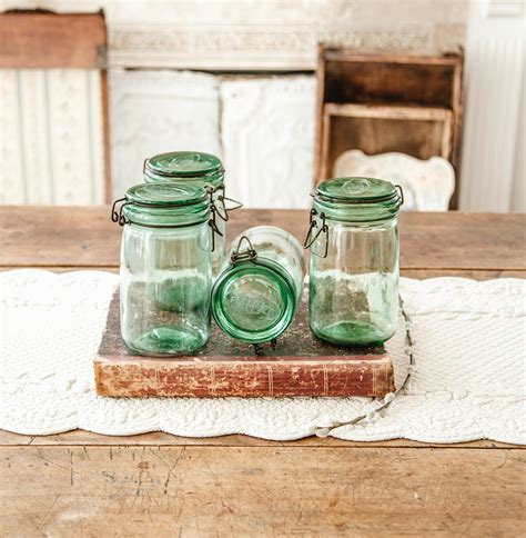 4 Vintage French Green Canning Jars For Ever 1 Liter Capacity Pastel Green Glass Light