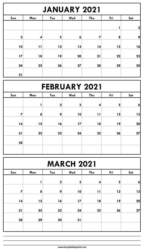 January To March 2021 Printable Calendar Three Month Calendar 2021
