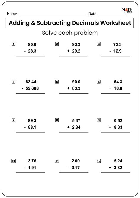 Adding And Subtracting Whole Numbers And Decimals Worksheets