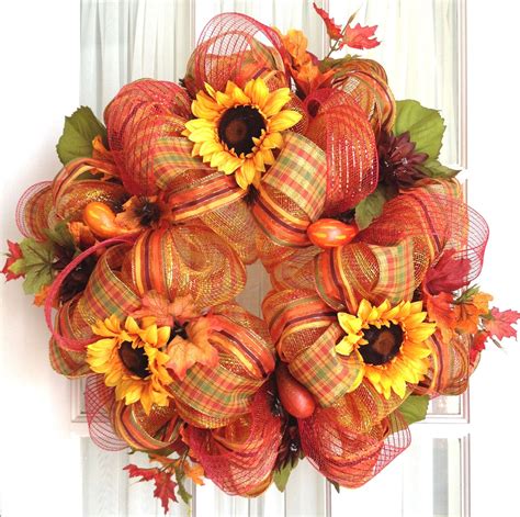 Deco Mesh Fall Wreath Gold Red Stripe Yellow Sunflowers Gourds