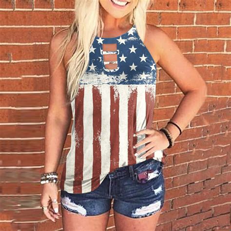 Online Exclusive Womens Tank Top American Flag Patriotic 4th Of July Sleeveless Stripes Star