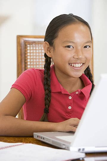 Young Smiling Girl With Laptop Sit Smile Caucasian Photo Background And
