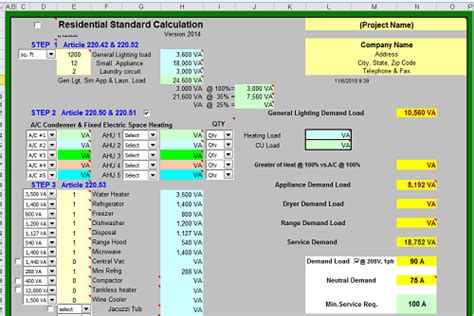 Residential Electrical Load Requirements Calculations Spreadsheet