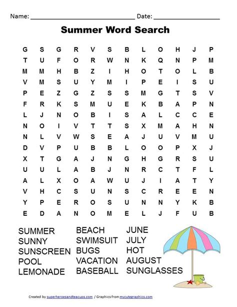 Summer Fun Word Search Printable