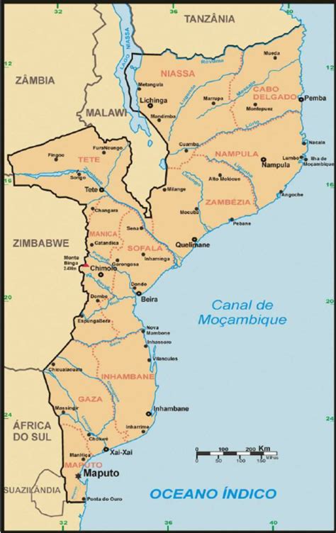 Map Of Mozambique Showing Its Different Cities And Bordering Countries