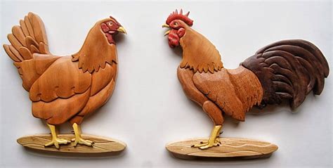 Rooster And Hen Intarsia Wall Hanging