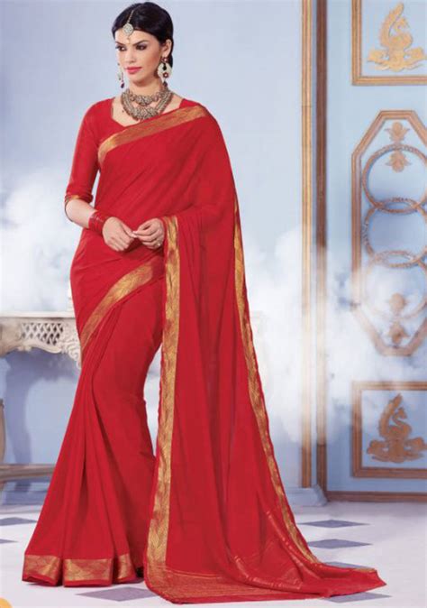 Buy Red Plain Silk Saree With Blouse Online