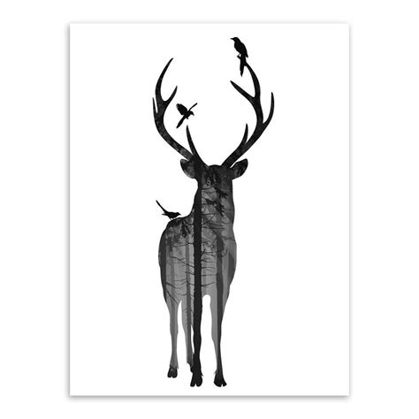 Nordic Vintage Black White Deer Head Animals Silhouette A4