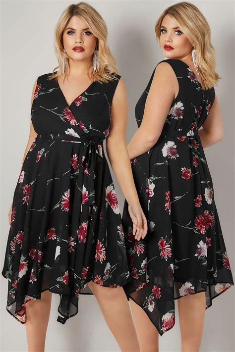 Black And Red Floral Print Wrap Dress With Hanky Hem Plus Size 16 To 36