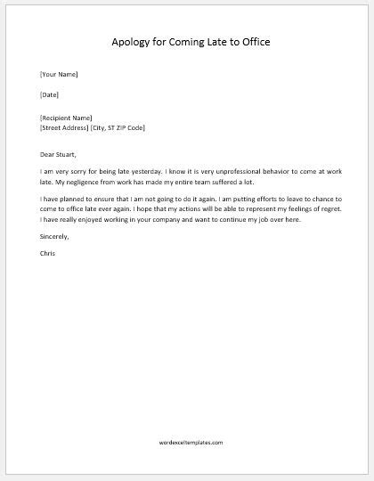 apology letter  coming late  office word excel