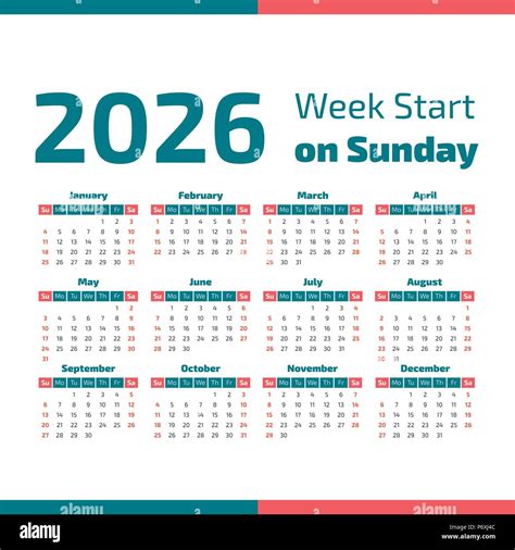 Simple 2026 Year Calendar Week Starts On Sunday Stock Vector Image