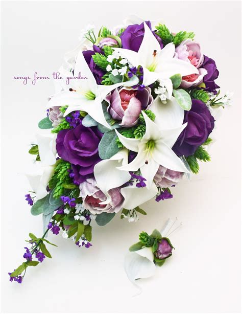 Cascade Bridal Bouquet With Real Touch Purple Roses Tiger Etsy