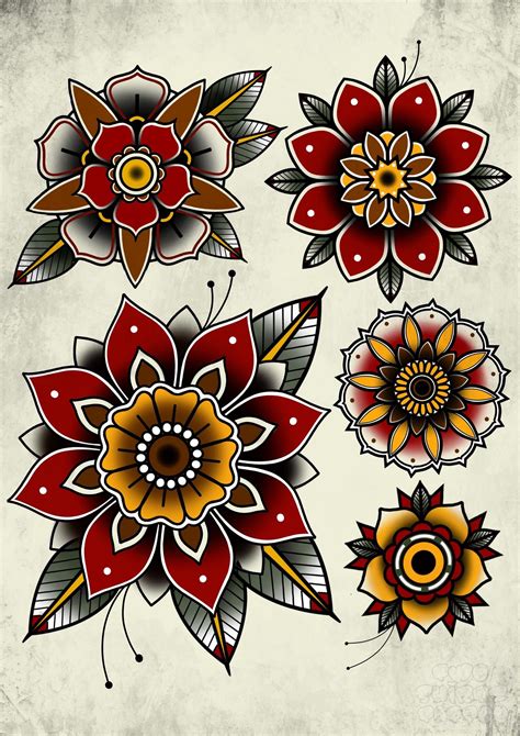 Traditional Mandala Tattoo Flower Flash Print A3 Etsy Tatuajes De