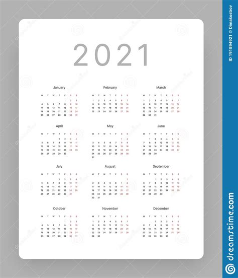 Calendario Para 2021 La Semana Comienza El Lunes Vector Ilustración
