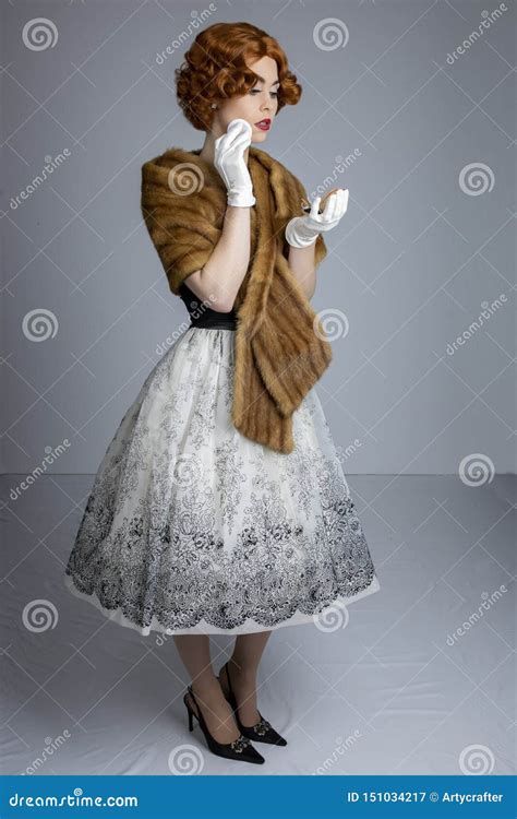 1950`s Woman In Black And White Dress Wearing A Fur Stole Stock Image Image Of Retro Human