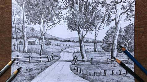 Landscape Drawing In Pencil Pencil Sketch Draw And Shade A Scenery