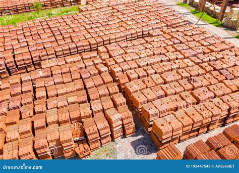 Pallets With Bricks In Warehouse Of A Brick Factory View From Above