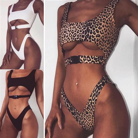 Misshow Sexy Women Front Buckled Bikinis Set Solid Leopard Brazilian