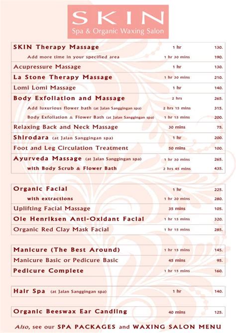 Price List Massage Facial Manicure Pedicure Hair Ear Candling Skin Spa And Organic