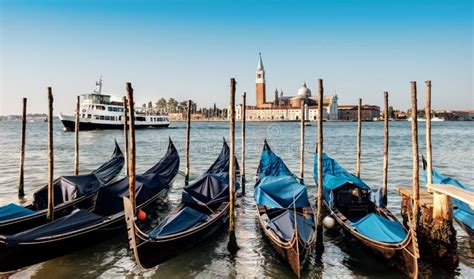 Gondolas Moored By Saint Mark Square With San Giorgio Di Maggiore