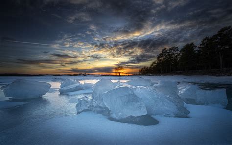 Ice Sunset Winter Lakes Water Sky Clouds Shore Reflection Wallpaper