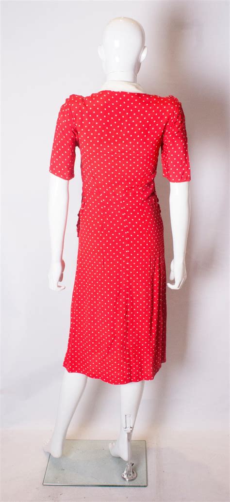 Vintage 1940s Red Polka Dot Dress With Frill Trim For Sale