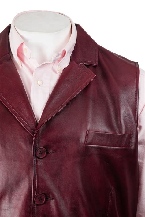 Men's Burgundy Collared Button-Up Leather Waistcoat | Leather Jackets